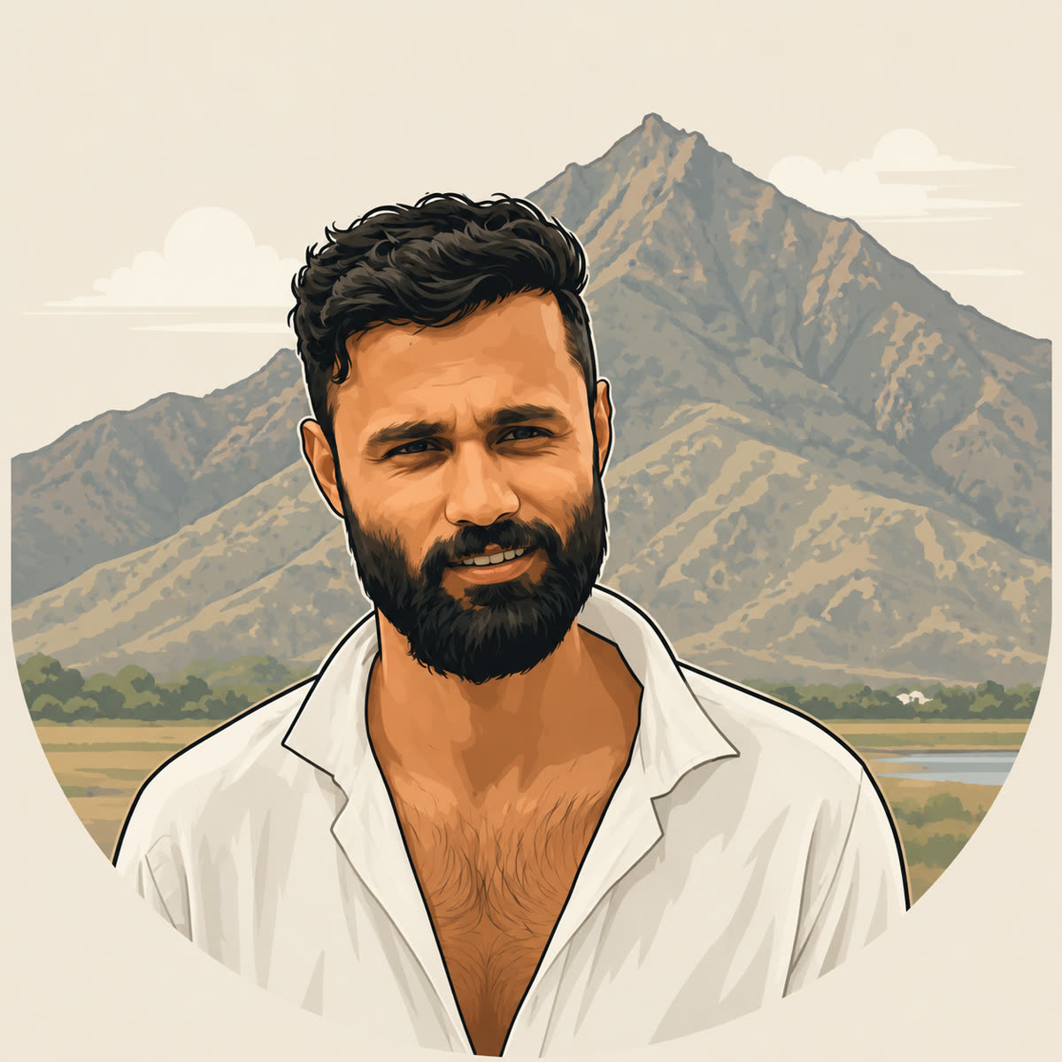 Illustrated portrait of Krishan, with Arunachala mountain behind him